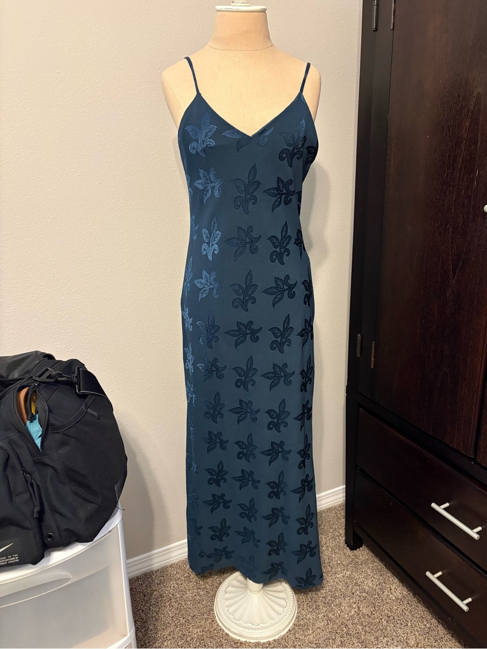 Vintage 90s Jessica McClintock Navy Blue Floral Burnout Maxi Slip Dress Size 6